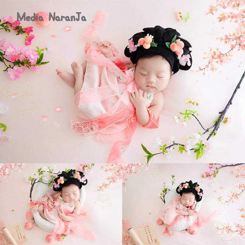 Newborn photography props Chinese Hanfu Costume baby girl pink outfit with traditional wig headpiece photo shoot set