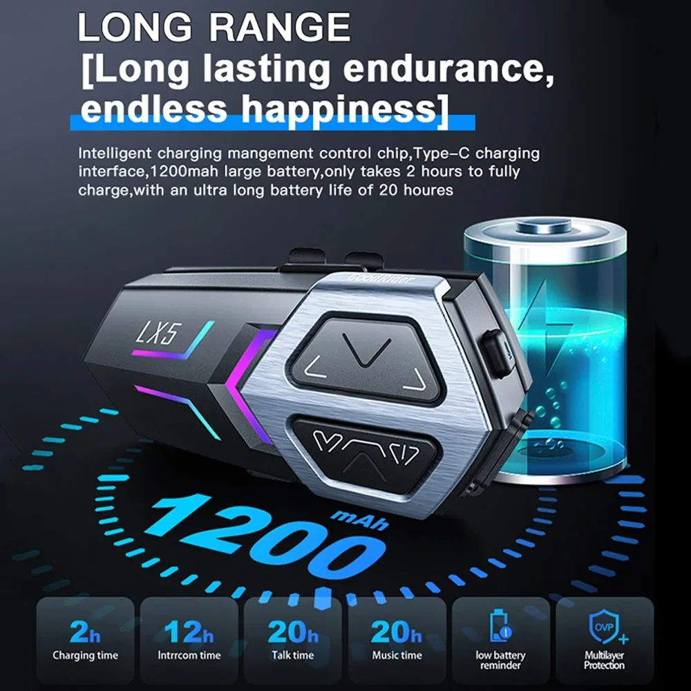 LX5 Motorcycle Intercom Bluetooth 5.3 helmet Headset Motorbike Intercom for 10 Riders 2000m Moto Group Waterproof Interphone