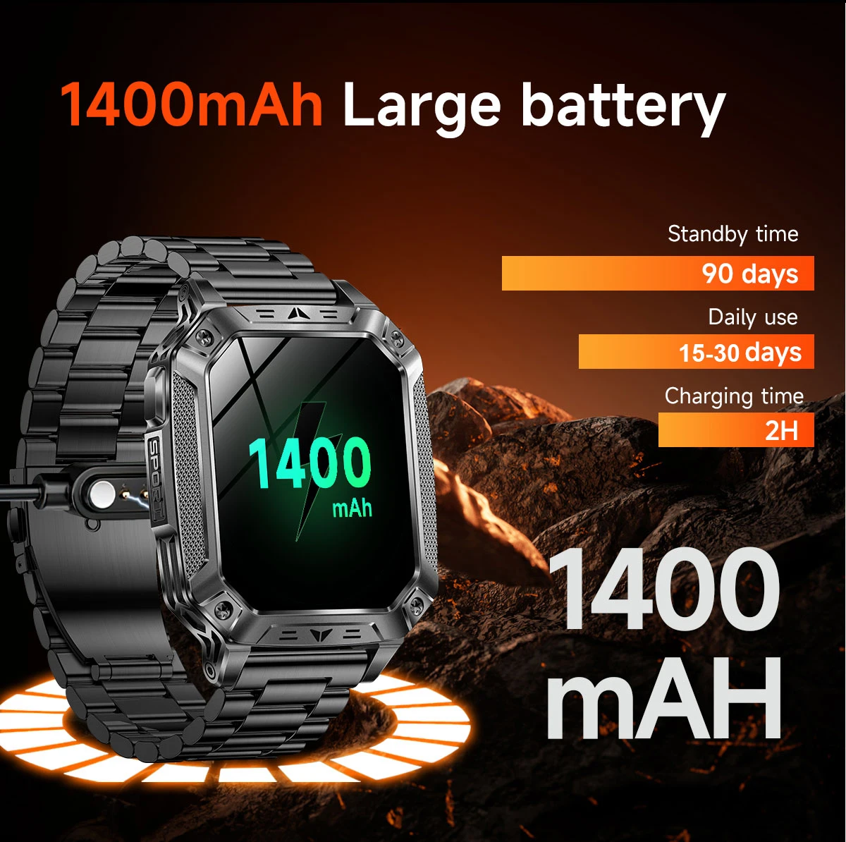 2026 Neue 1400mAh Militär-Smartwatch 10ATM Wasserdicht 2,01" AMOLED SOS+LED-Taschenlampe Herzfrequenz 100+ Sportmodi Fitness-Uhr – Detail 10