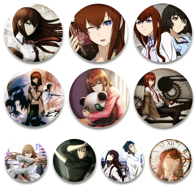 

Steins;Gate Anime Brooches Okabe Rintarou(Hououin Kyoma)/ Makise Kurisu/Shiina Mayuri Cartoon Badge Tinplate Lapel Pins