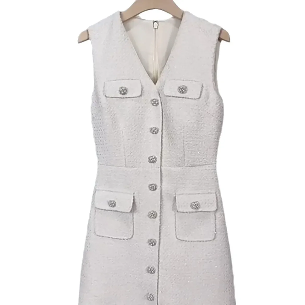 

Women's V-neck white dress with pockets single-breasted slim fit elegant office ladies mini dress