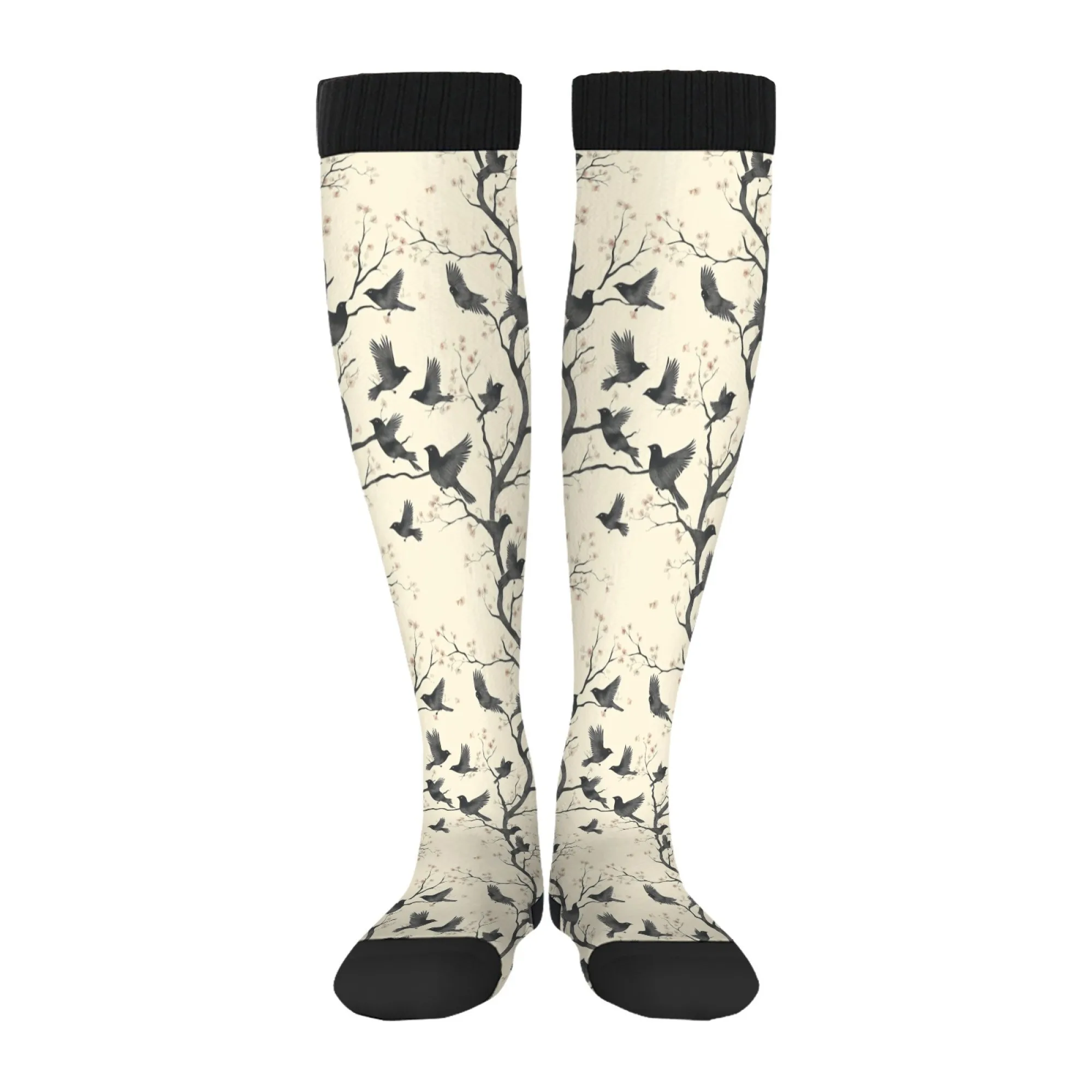Literary Style Retro Knee High Socks Cute Branch & Bird Print Cream-white Tones Skin-Friendly Durable Stitching Party Looks