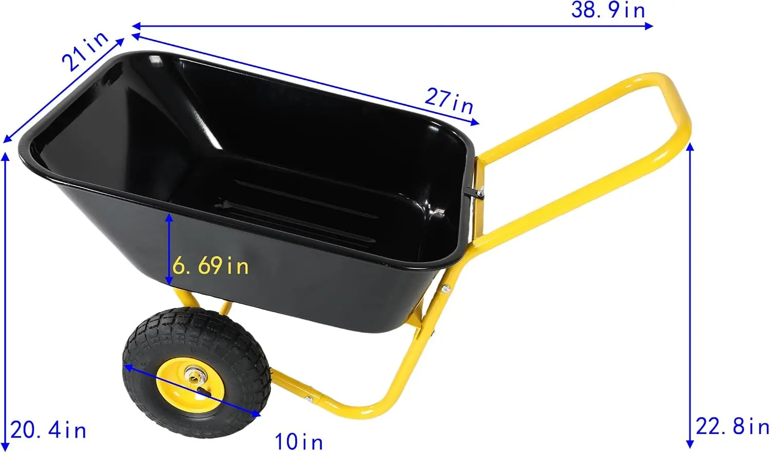 Heavy Duty Two Wheeled Garden Cart Quick Release Yellow Black 10 Inch Pneumatic Wheels Wheelbarrow