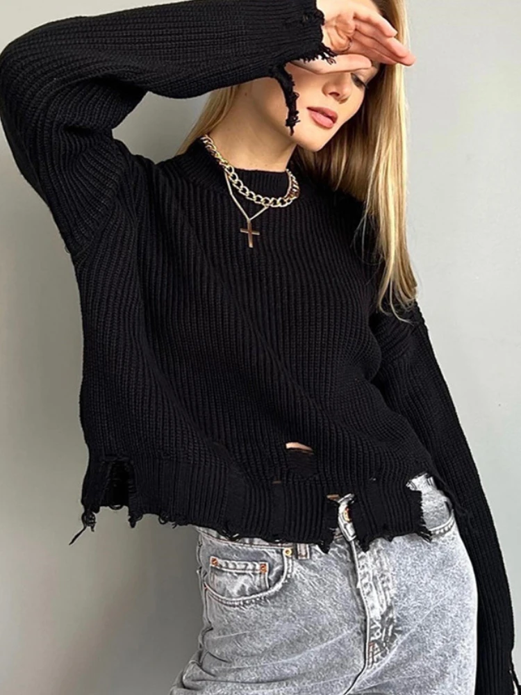 New Winter Women‘s Sweater Long Sleeve Top Loose Sexy Jumper Ladies Casual Hole Ripped Knitted Pullovers for Women 2023 Clothing