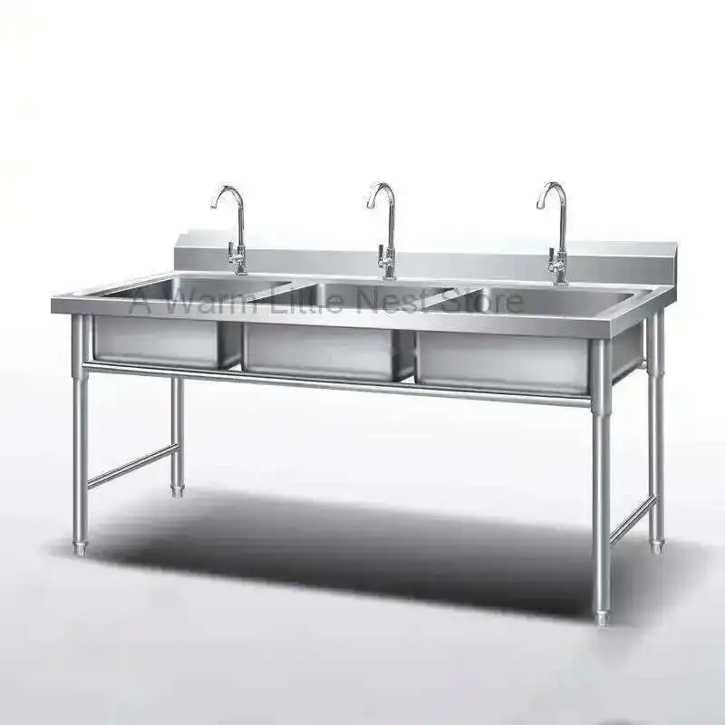 

Stainless Steel Commercial Kitchen Sinks Modern School Canteen Washbasin Kitchen Accessories Luxury Home Three-slot Washbasin GL