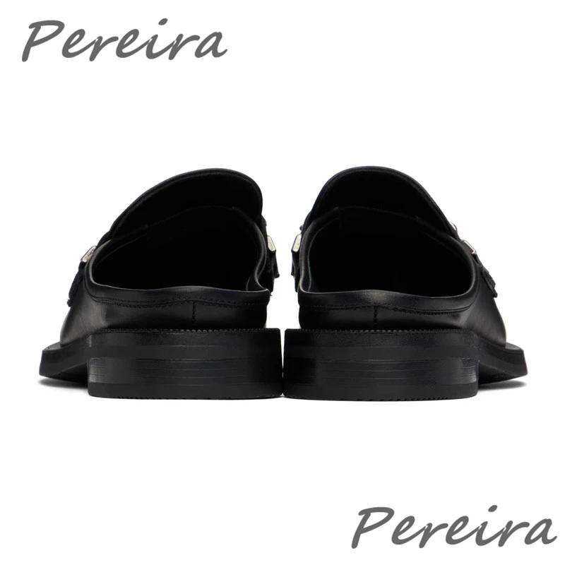 Round Toe Chunky Platform Men Shoes Metal Chain Green Half Slippers Retro Casual Flat Shoes Summer Slip-On Comfortable Loafers