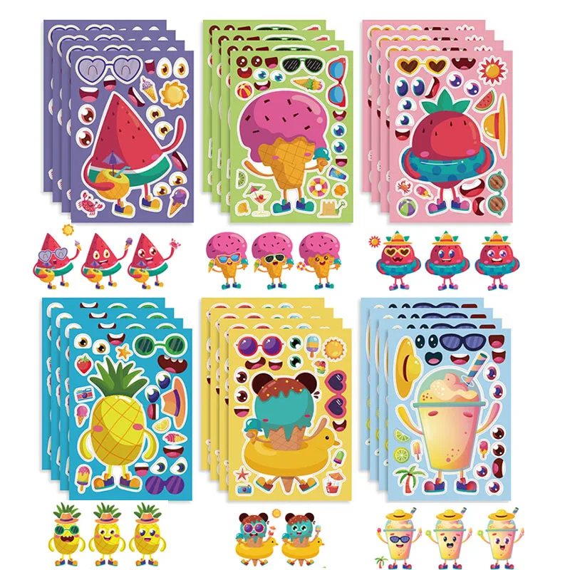 Creative Children Assemble Jigsaw Stickers Sheet Puzzle Games Make Your Ice cream Dessert DIY Face Sticker Kids Summer Party Toy