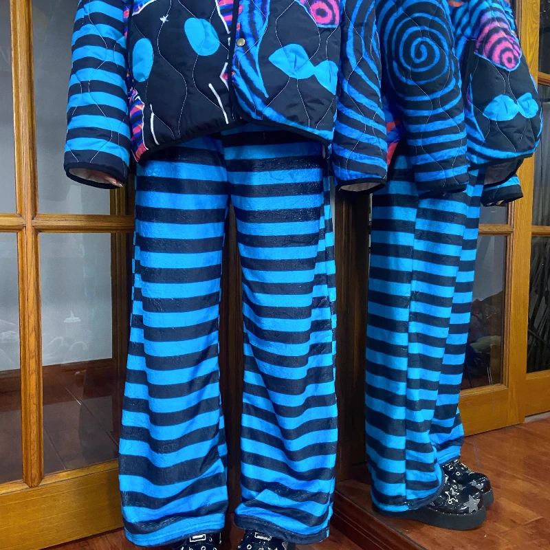 Design original subcultura azul listrado impressão calças casuais femininas outono inverno novo solto velo-forrado calças quentes senhoras