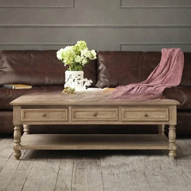 American solid wood coffee table furniture retro old weathered white storage oak square coffee table with drawers