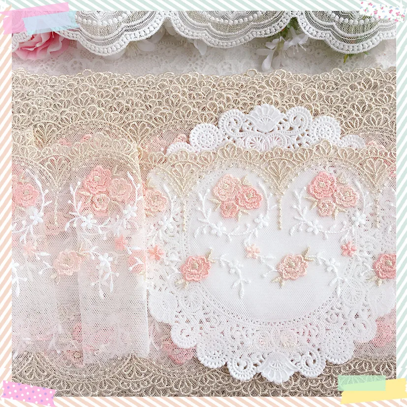 1Yard/11cm Gold Pink Polyester Soft Mesh Embroidery Lace Trimmings Dress Accessories Lace Fabric Sewing Crafts Doll Material