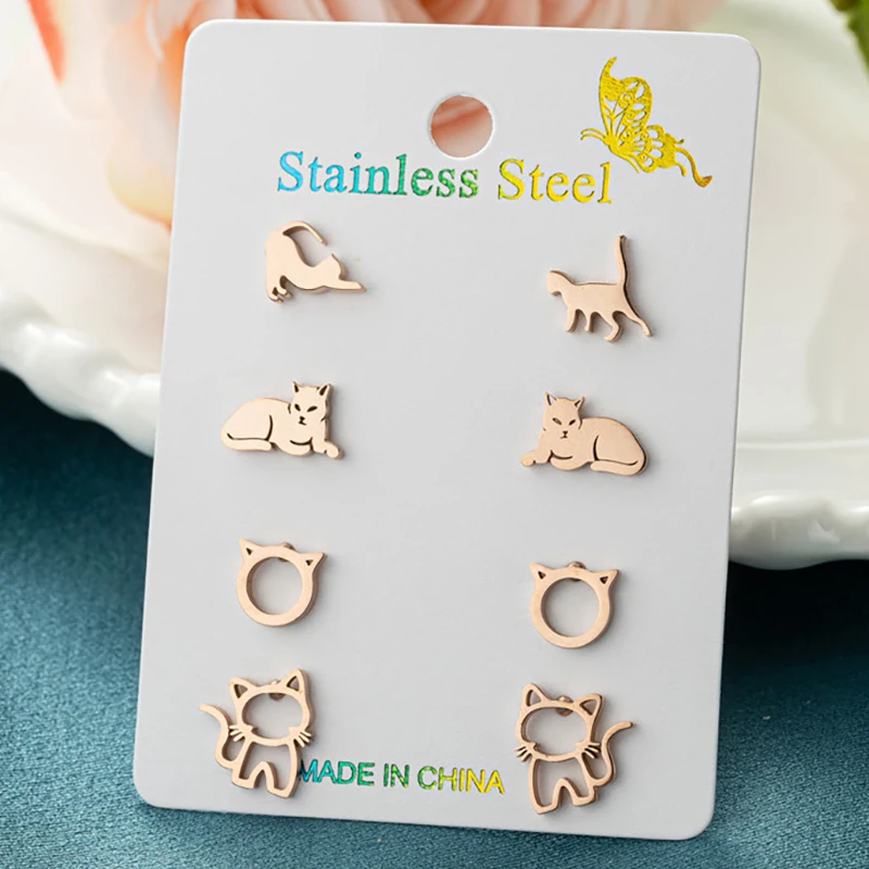 4Pairs/Lot Cute Cat Stainless Steel Stud Earrings for Women Girls Trendy Happy Kitty Earings Animal Body Jewelry Unusual Gift