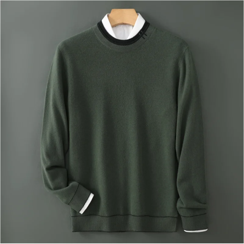 Pure Wool Sweater Men Autumn and Winter New Thick Warm Double Two Collar Knit Pullover Business Casual Sweater Men's Base Shirt