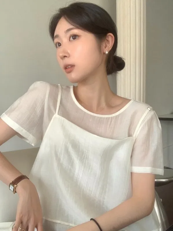 French Sle Loose Fit Bubble Sve round Ne Two-Piece Set Women's Summer Korean System Texture Sensation Chiffon Top