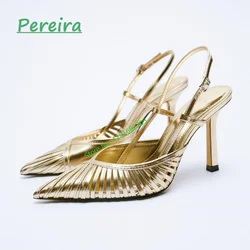 Women's Golden Trend Pumps 2024 Solid Hollow Summer Cross Straps Pointed Toe Leather Thin High Heel Sexy Fashion Party Shoes