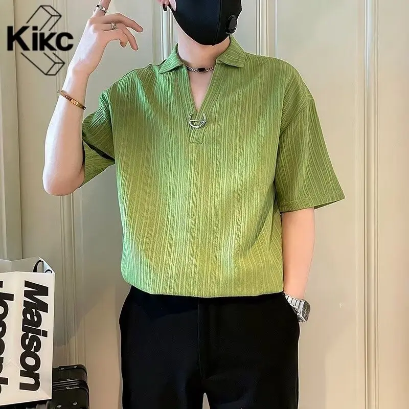 

Summer Ice Silk Shirt POLO Shirt Men's Trendy Brand 2025 New Suit Handsome Five-point Short-sleeved V-neck T-shirt