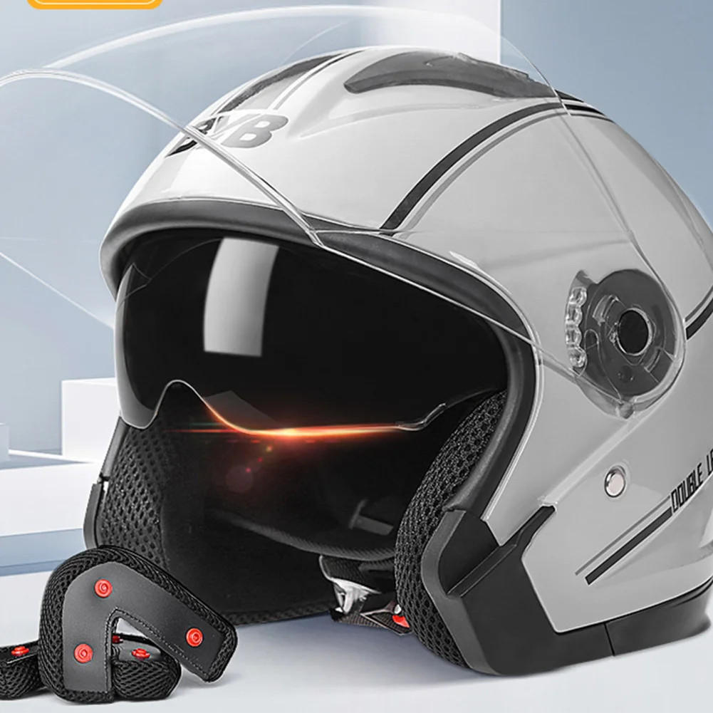 Casco abierto de motocicleta para hombre y mujer, visera transparente de doble lente, protector solar ligero, medio casco, abatible hacia arriba,