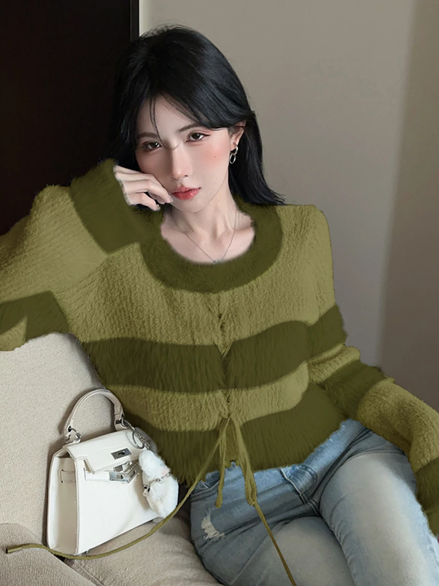 سترة محبوكة من Sweet Sle ort مع نمط شريطي وربطة عنق للنساء مادة Plu لون عتيق أنبوب مستقيم مناسب #3