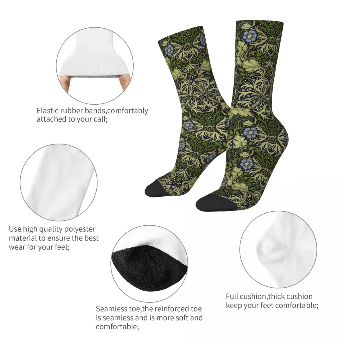 Funny William Morris Seaweed Theme Design Cozy Socks Product All Seasons Vintage Super Soft Crew Socks Non-slip