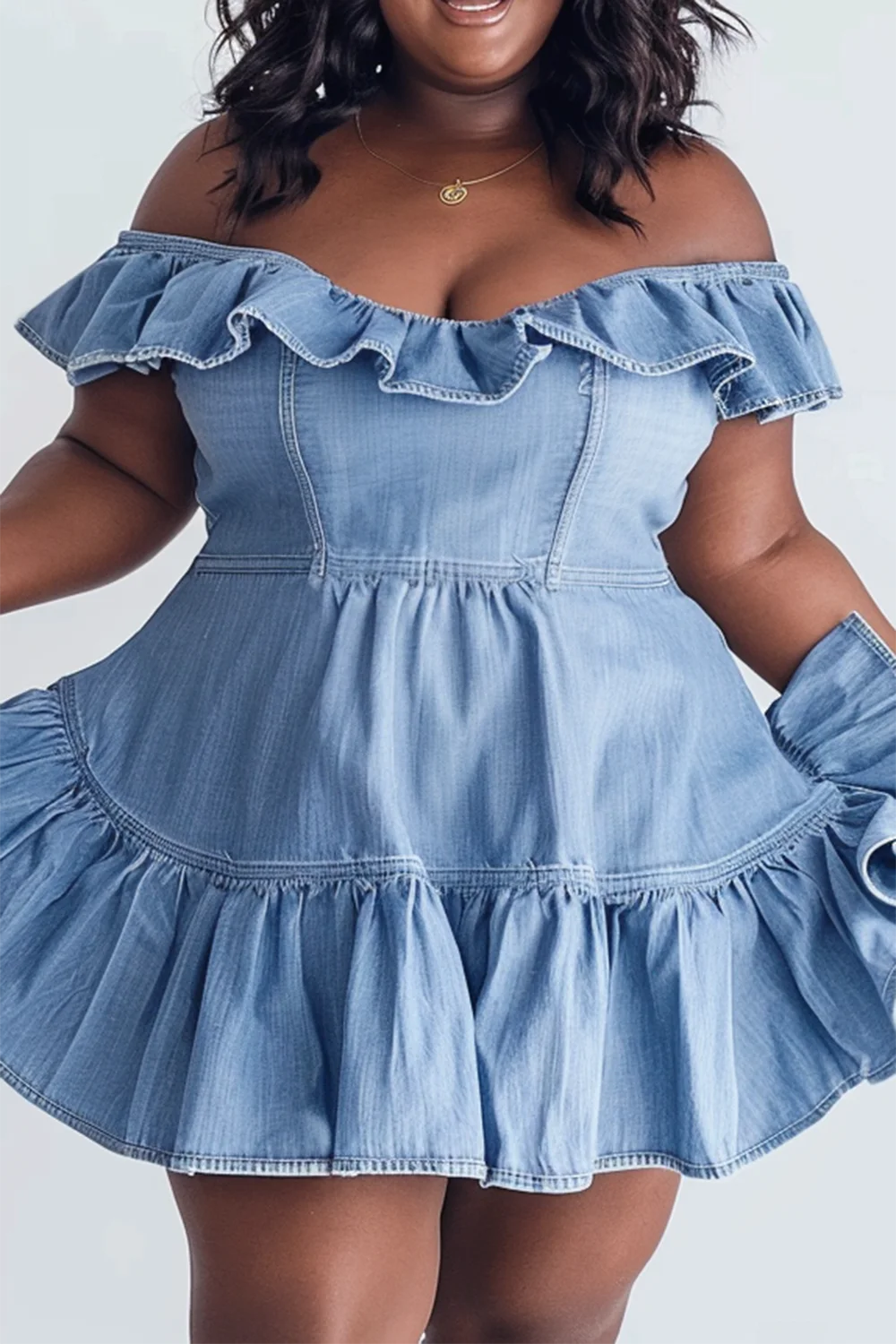 Plus Size Daily Light Blue Off The Shoulder Cap Sleeve Ruffle Denim Mini Dresses