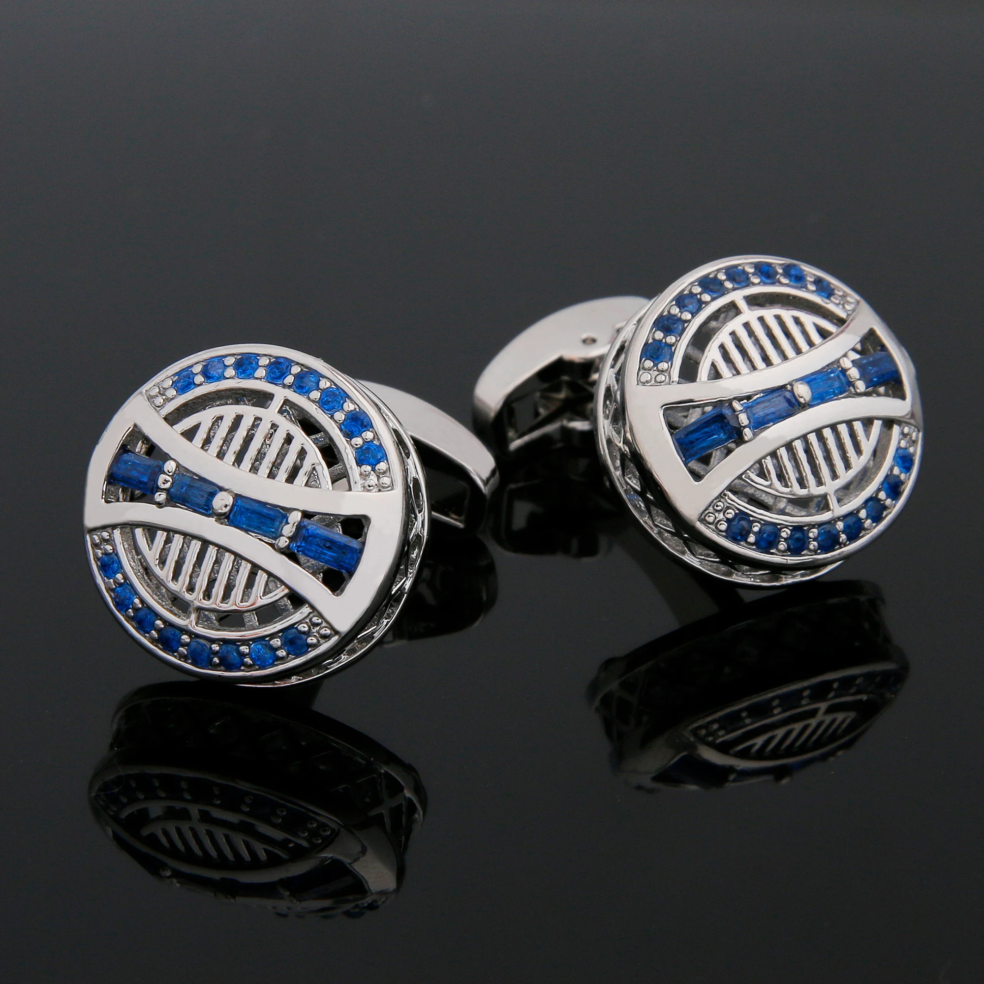 

Cufflinks for Men TOMYE XK24038 Blue Zircon Hollow Out Design Round Silver Color Shirt Cuff Links