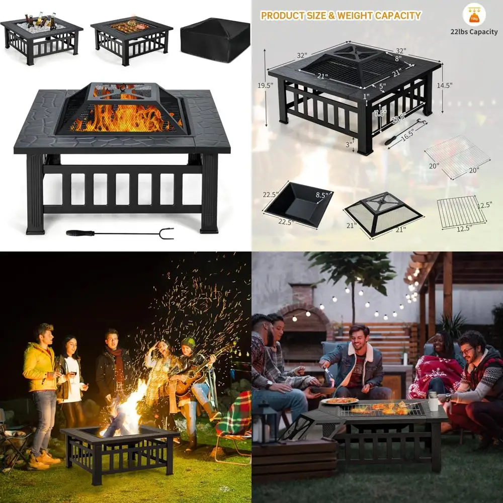 

3-in-1 Outdoor Fire Pit, 32 Inch Square Steel Fireplace, Spark Screen, Log Grate, BBQ Grill, Poker, Rain Cover, Wood Burning