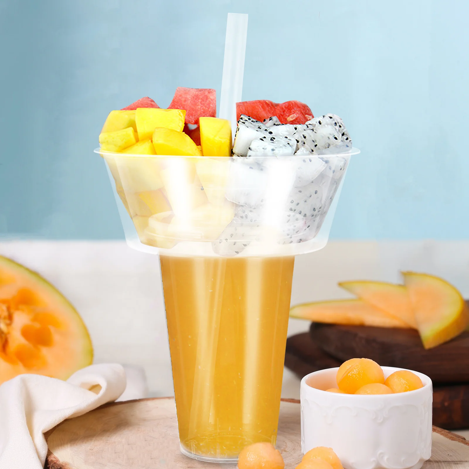 

2 set Drink Snack Cup Straws Stackable Hotpot Bowl Portable Plastic Tumbler Cup With Snack Holder Reusable Clear Cups For Fried