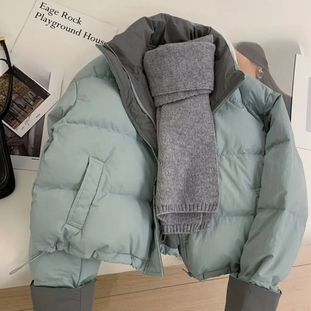 

Женская хлопковая верхняя одежда в корейском стиле, короткая модная универсальная куртка из теплотехнического материала с небольшим воротником-стойкой контрастных цветов