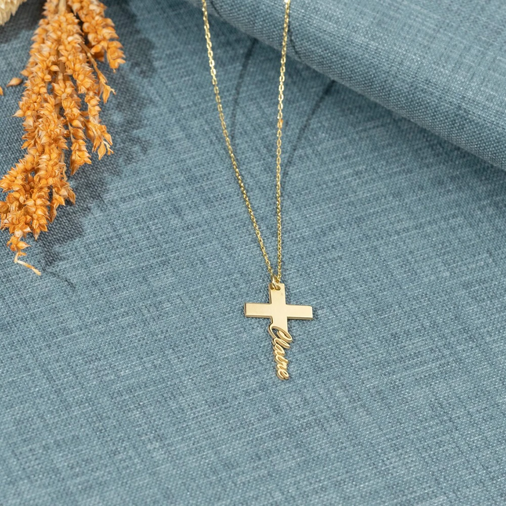 Custom Name Necklace Pendant Cross Stainless Steel Cut Personalized Christian Nameplate Jewelry Women's Mother's Day Gift