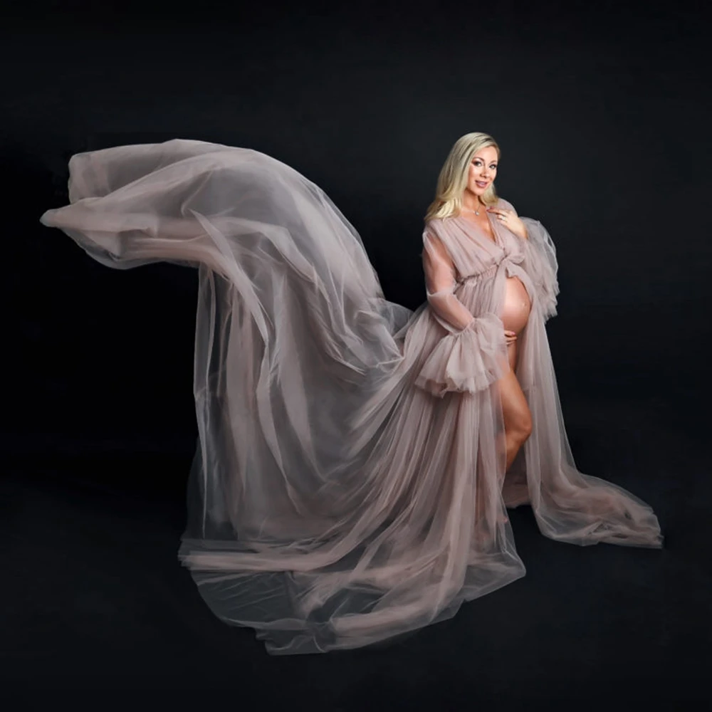 Luxury Maternity Gown for Photography Sexy Ruffle Sleeve Pregnancy Robe Elegant Long Train Women Photo Shoot Props Baby Shower