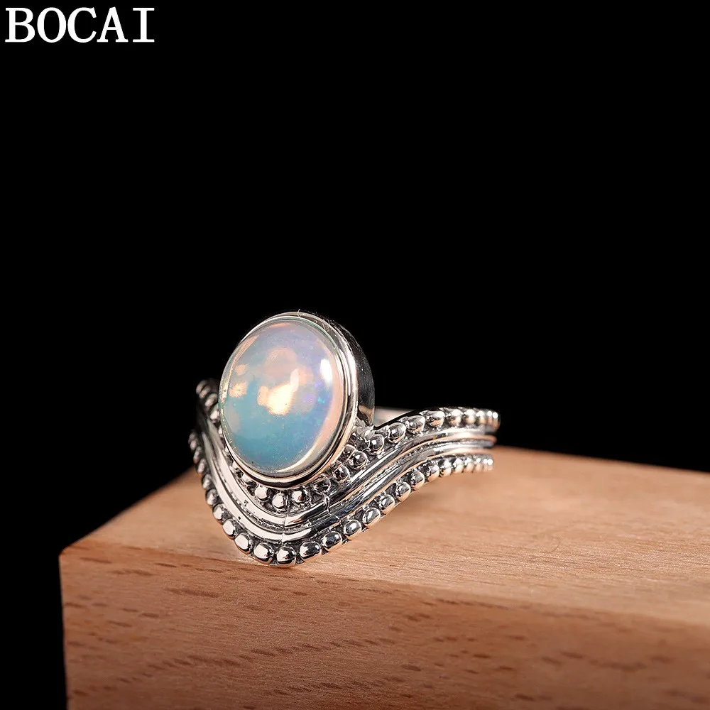 

Новое кольцо BOCAI S925 из стерлингового серебра в ретро-стиле с инкрустацией опалом, открытый дизайн, подарок для женщин