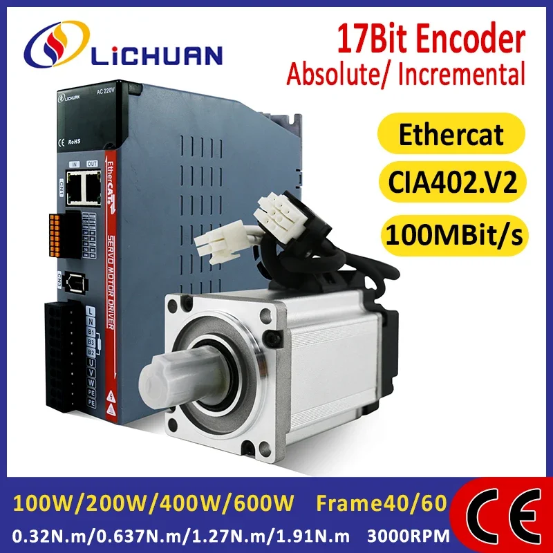 Lichuan Ethercat 0.32/0.637/1.27/1.91N.m 1.1/1.6/2.5/3.3A AC Servo Motors Drivers 100W 200W 400W 600W AC Servo Motor with Driver