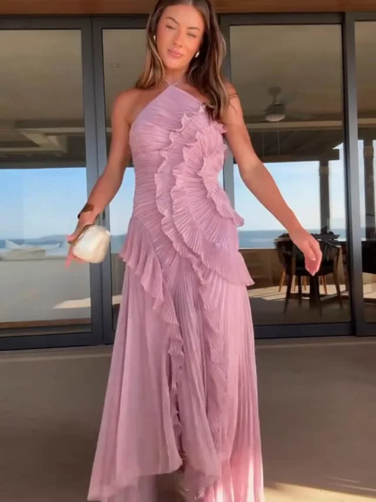 Fioletowe sukienki na studniówkę typu halter, linia A, z falbanami, warstwowe, bez pleców, sukienki imprezowe, letnie, nowe, wakacyjne, szyfonowe, długie suknie wieczorowe 2025