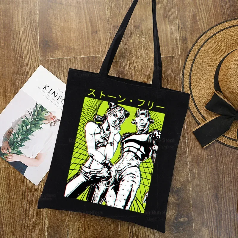 

JoJo Bizarre Adventure Star Platinum Shopping Black Bags Canvas Jotaro JoJo's Tote Bag Reusable Cloth Bag Handbag Shoulder Bags