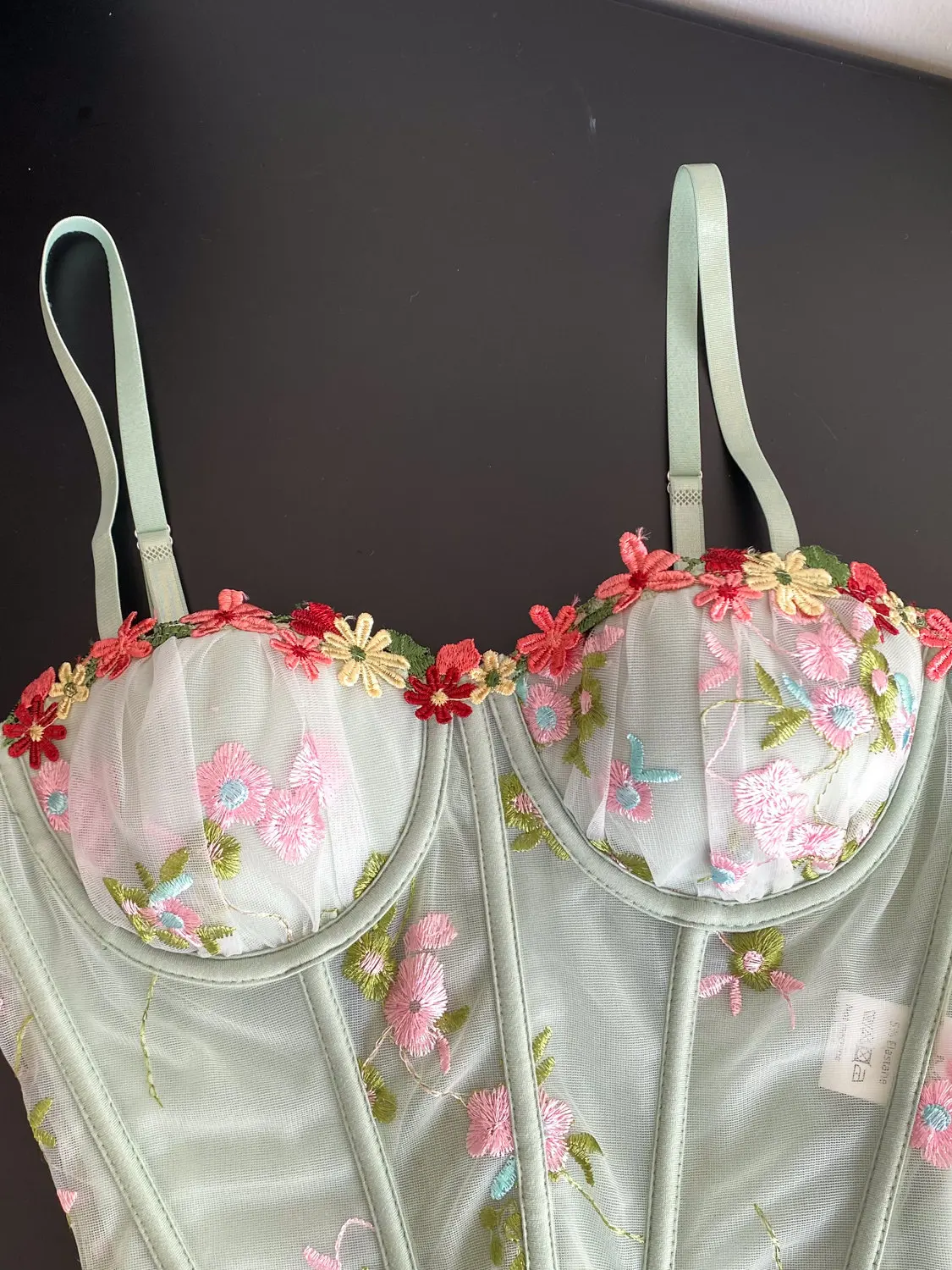 Women Green Embroidered Flower Bustier Crop Top Vacation Style Y2K Camisole Top Mesh Perspective Tank Top For Women Summer 2026