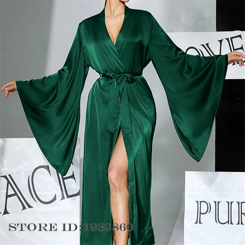

Spring New Female Long Robe Dress Big Sleeve Kimono Bathrobe Gown Elegant Ice Silk Sleepwear Nightgown Loose Homewear Loungewear