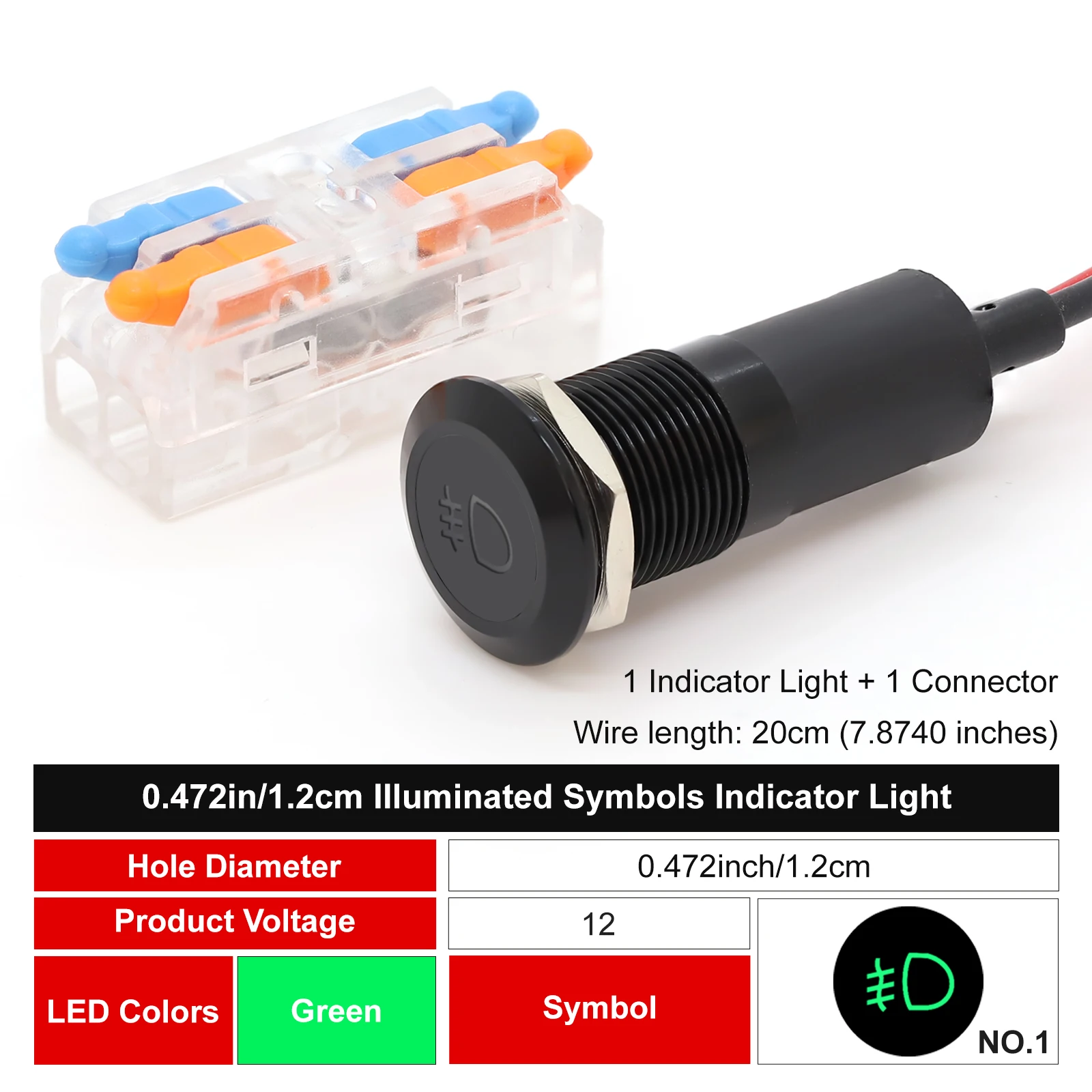 FILN 12mm Symbol-LED-Anzeigeleuchte 12V 24V Schwarze Metall-Anzeigeleuchte mit Kabel für Auto-Armaturenbrett und Maschinen