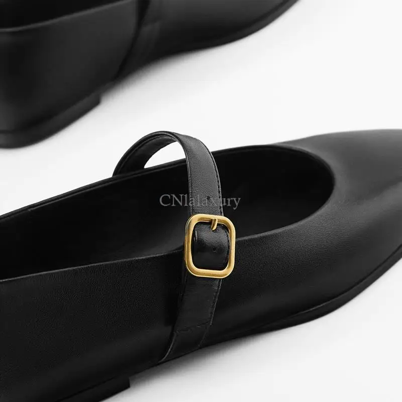 CNlalaxury Spring Autumn 2023 Woman Black Casual Fashion Square Head Sheepskin Flat Shoes Buckle Ballet Shoes Mary Nude Shoes