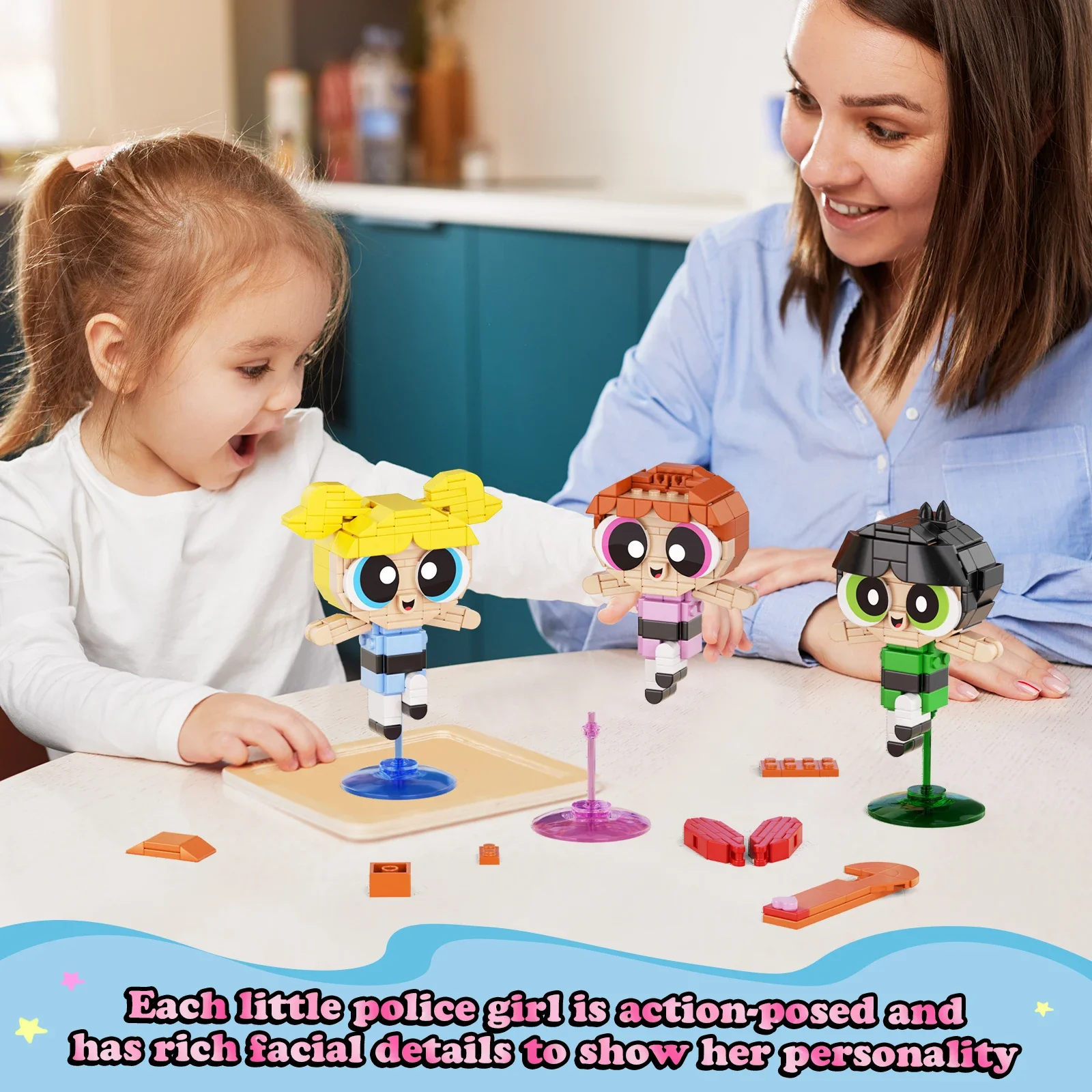 MOC 3 szt. Powerpuffed Girls zestaw klocków budowlanych animacja kreskówkowa bohater figurki Model kwiaty/pęcherzyki cegły dziewczyny prezenty