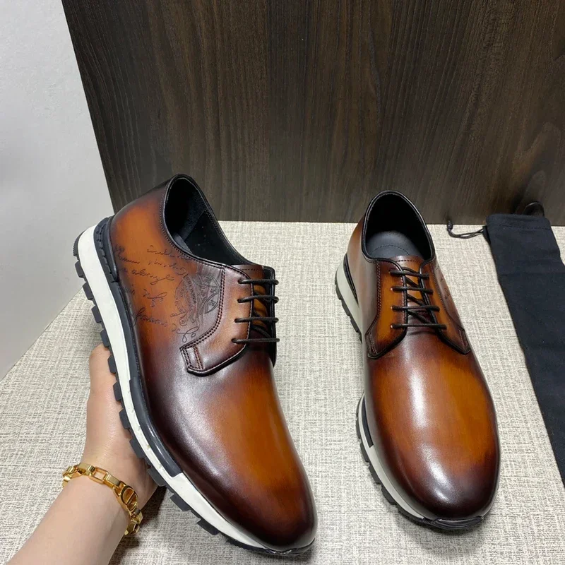 Men\'s Casual Leather Shoes Customized Carved Luxury Brand Genuine Leather Sneakers Comfortable and Breathable British Retro