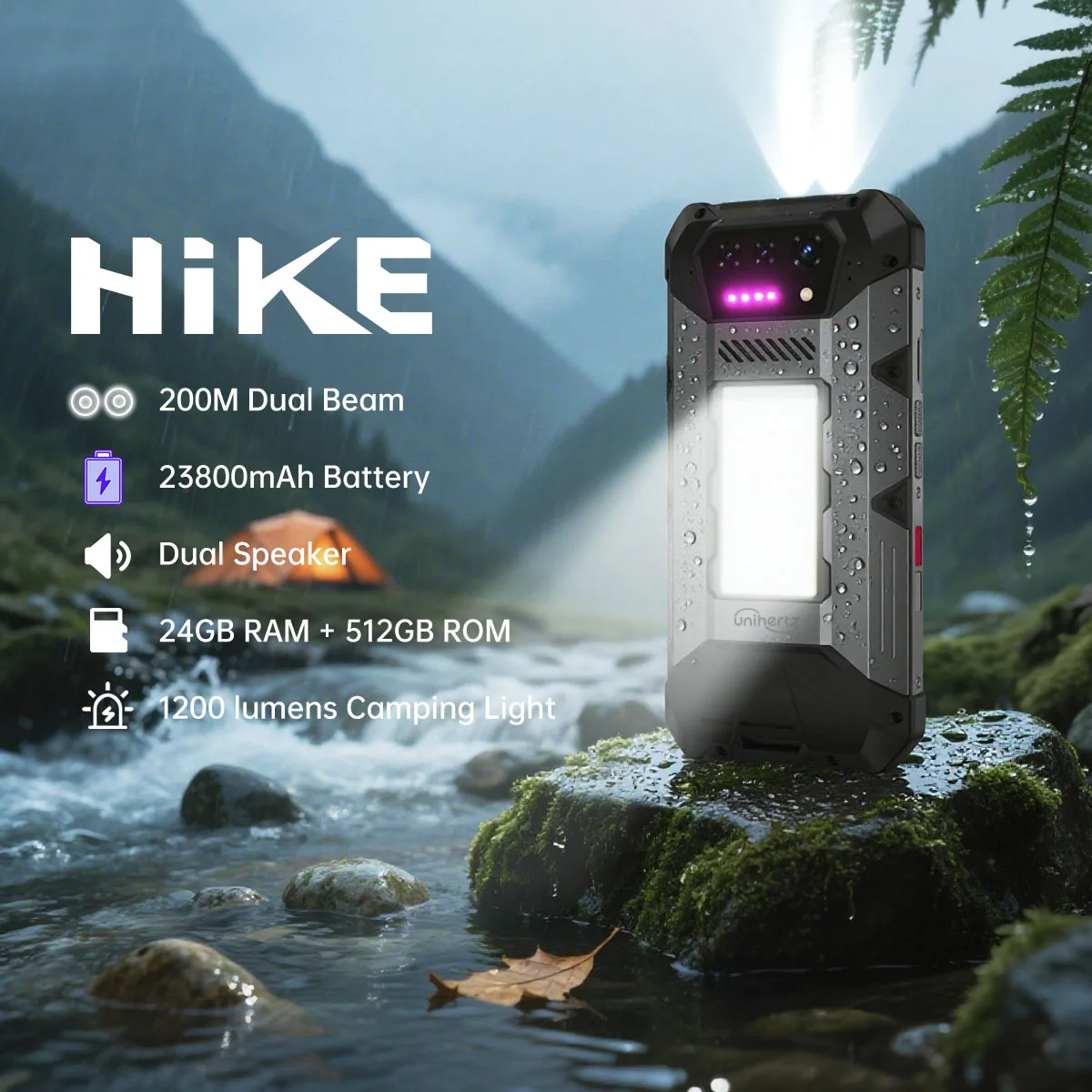 Unihertz Hike 8849 Rugged Smartphone Android 14 with 1200 Lumen 200 Meter Flashlight 23800mAh 12GB+512GB G200 CPU Dual Speaker