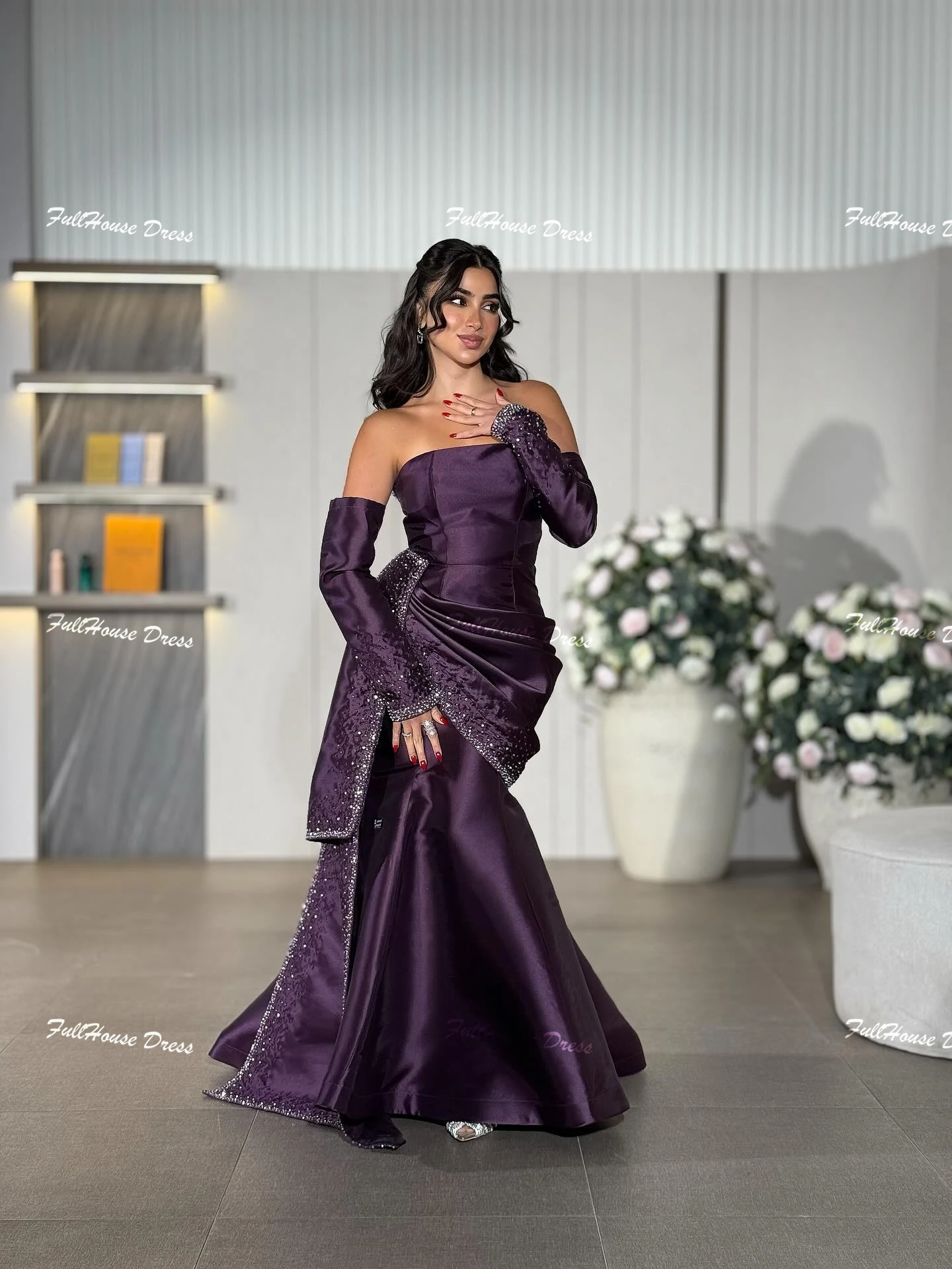 Robe de soirée plissée en Satin, personnalisée, intemporelle, manches 3/4, col bateau, Sexy, droite, dos nu, longueur au sol, perles, robe saoudienne