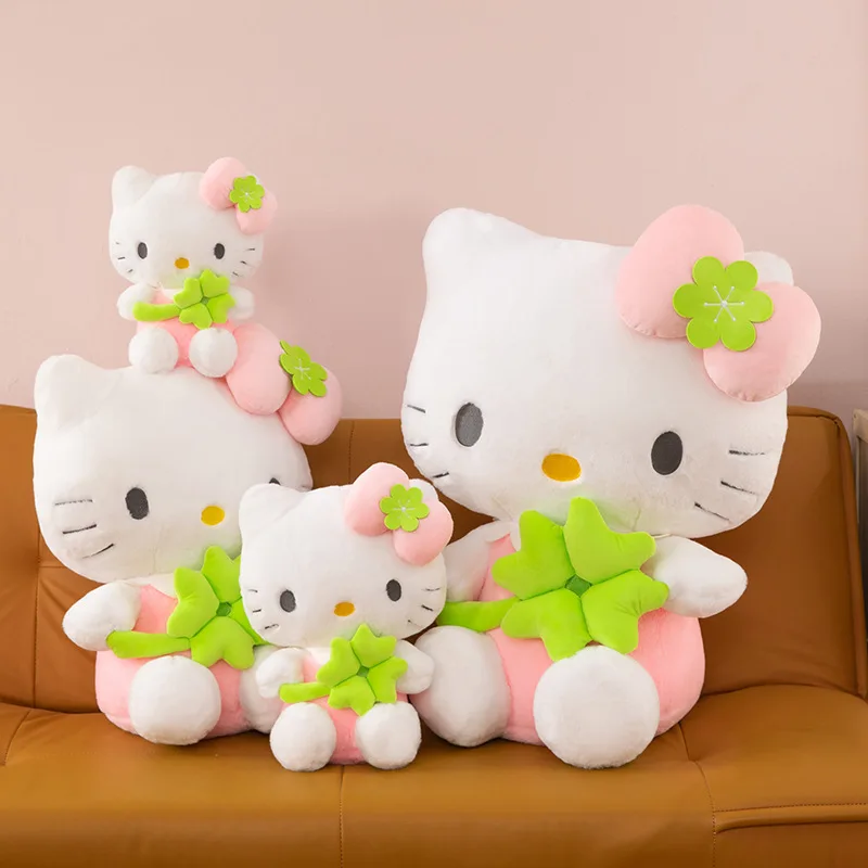Sanrio Lucky trèfle à quatre feuilles Hello Kitty peluche chaton oreiller mignon peluche pour enfants anniversaire cadeau de noël pour les filles