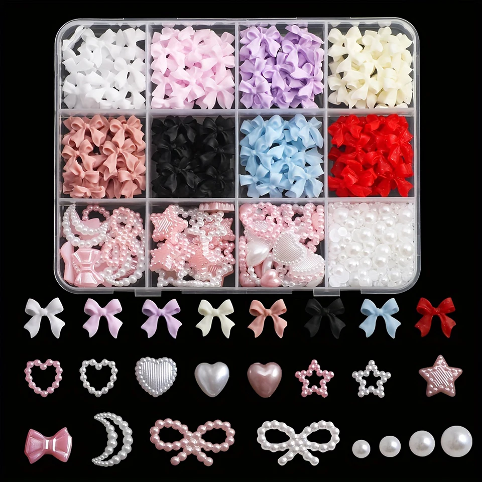 Kit de 500 pzas de decoración 3D para uñas con moños de resina, perlas planas y formas variadas - adornos DIY sin aroma 2