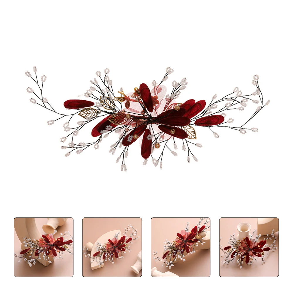 

1Pc Creative Red Flower Hair Clip Wedding Bride Headdress Elegant Hair Accessory Party Banquet Styling Tool