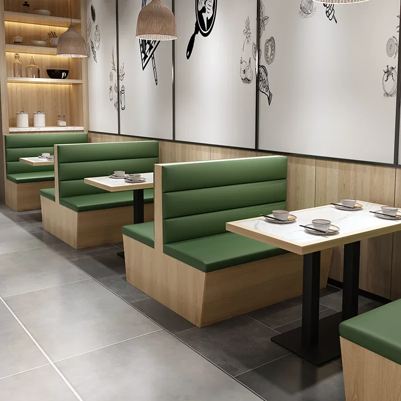 Factory Fast Food Restaurant Furniture Commercial Use Wood Tables and Chairs Green Leather Booth Bench Seating Dining Sets