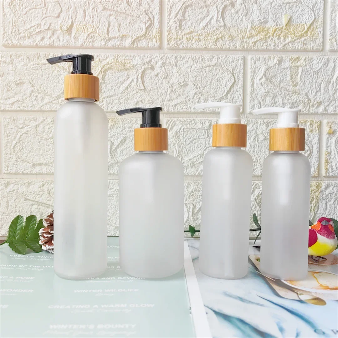 Botellas de plástico redondas vacías para mascotas, repuesto de desinfectante de manos, dispensador de bomba de bambú, emulsión, cuidado de la piel, champú de viaje, contenedores de líquidos