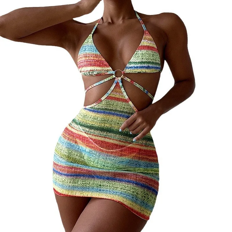 Bikini Sexy Luxury Colorful Rainbow Swimsuit Halter Swimwear Women Cut Out Monokini V Neck High Out Bathers Bathing Suit 1 Piece