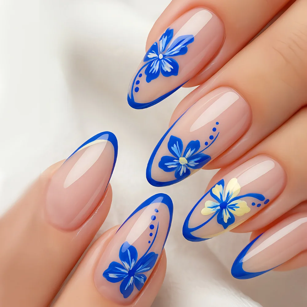 أظافر صناعية متوسطة الحجم للنساء والفتيات، زهور الربيع والصيف، أزرق أرجواني وأبيض، أطراف أظافر لامعة أو لامعة، اضغط على الأظافر الصناعية #5