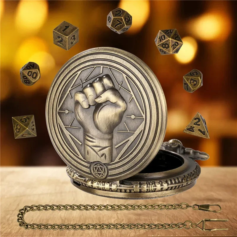 Bronze Fist Pattern Pocket Watch Case FOB Pendant Chain 7 X Metal Polyhedral Dice Set Table Role Play Gaming Accessory Dices