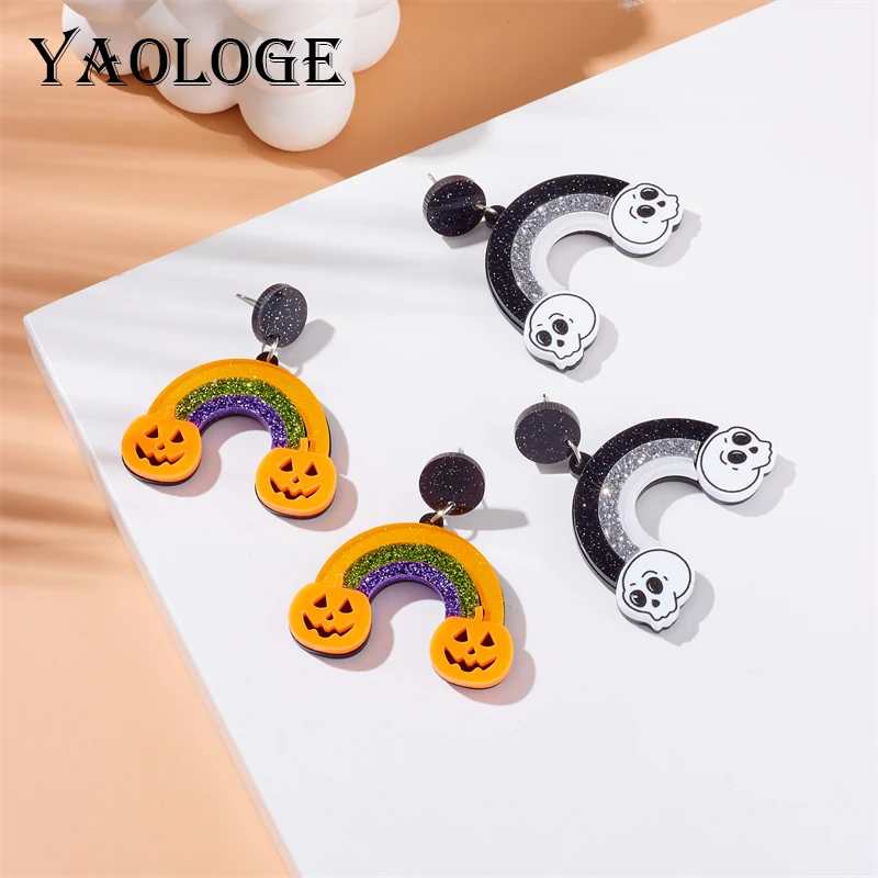 YAOLOGE Rainbow Arched Acrylic Earrings Pumpkin Skull Head Sequin Pendant Earrings Fashion Personalized Women's Jewelry